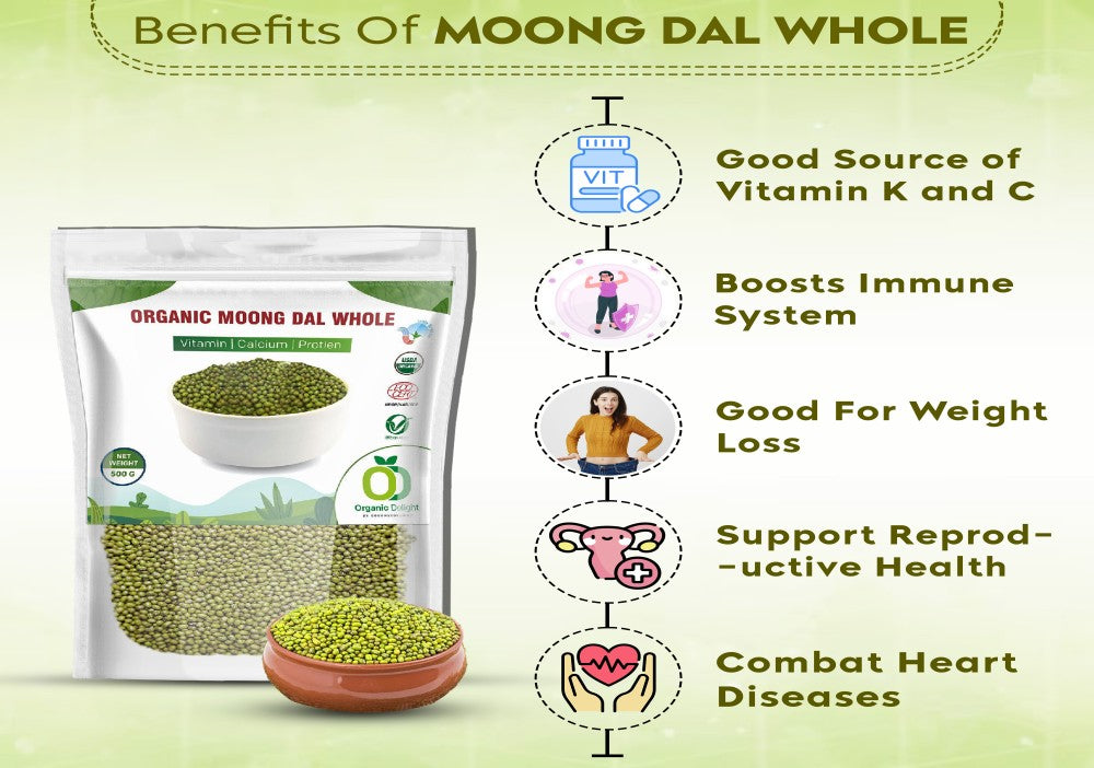
                  
                    Promotional graphic: Organic Moong Dal Whole package with green lentils in an open bowl. Icons highlight vitamin content, immune boost, weight loss, and heart health support.
                  
                